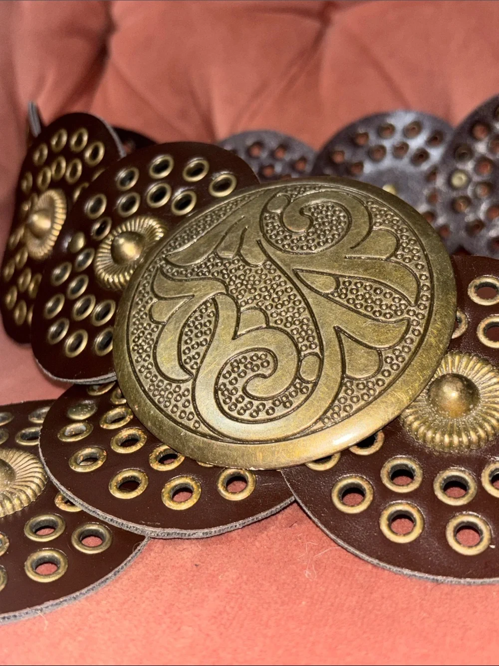 Large disk belt faux leather brown studded adjustable y2k style boho belt